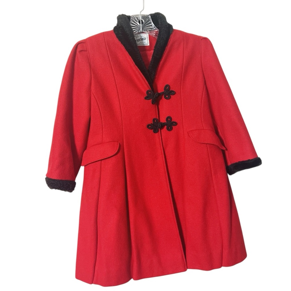 Rothschild Girls Red Wool Blend Swing Coat with Black Faux Fur Trim Sz 6X EUC